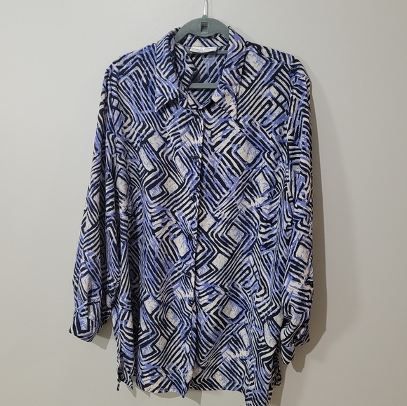 80s blue stripe tile print shirt - Picture 2 of 10